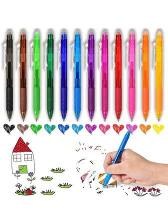 12pcs Erasable Gel Pen Set, 0.5mm Fine Point Cute Pen, Side Click Pen For Writing Drawing Planners Office And School Supplies, Make Mistakes Disappear Anytime,School Supplies,Back To School