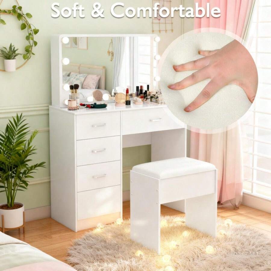 Dressing Table Stool Modern Soft Cushioned Seat Makeup Bench Piano Chair White - White - View 1