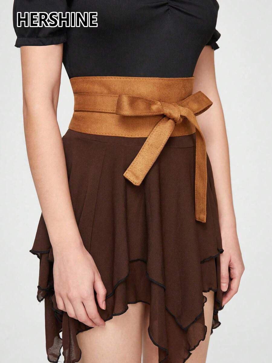 Hershine 1 szt. damski pasek gorsetowy z wiązaniem z przodu, brązowy zamszowy pasek w stylu mori do codziennego noszenia, prosty, jednokolorowy, swobodny, retro, w stylu boho, zachodnim