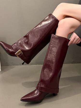 Höst/vinter Nya Moderiktiga Mångsidiga Spetsiga Ridstövlar, Hög Skaft Metallspänne Dekor, Smal Hög Klack, Raka Stövlar, Högklackade Stövlar, Moderiktiga Stövlar, Over-The-Knee Stövlar, Slankande Höga Stövlar, Ovanför Knät, Höga Stövlar Lämpliga För Musikfestivaler, Halloween, Vinröda Klackar