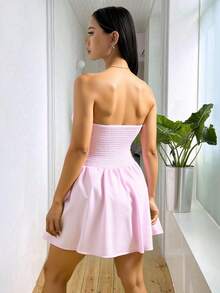 Vestido corto rosa elegante y sexy para mujer, sin tirantes, corte en A, con bajo plisado y cintura ajustada, confeccionado en tejido plano. - Rosa - Ver 3