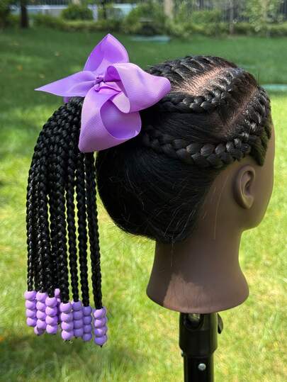 1pc Charming Detachable 10" Synthetic Curly Braided Ponytail Extensions With Beads - Perfect For Parties & Cosplay For Kids