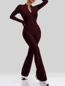 Aaseow 女士连体裤，长袖瑜伽修身弹力连体裤，黑色基础款健身运动服，紧身拉链 - 酒紅色 - 查看 4