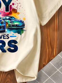 男孩标语和汽车图案圆领短袖休闲百搭T恤 - 杏色 - 查看 4