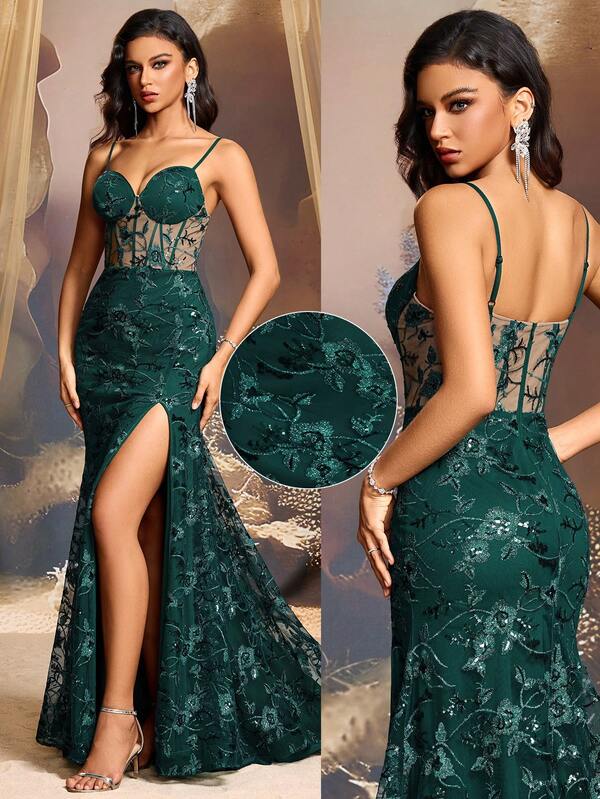 Elegant Dark Green Sleeveless Lace And Satin Women's Clothing Ball Gown, Women's Wedding Dress, Wedding Guest Dress, Women's Hoco Dress, Sexy Pleated Evening Dress, High Waist, Large Swing, Side Slit Cocktail Dress, Suitable For Date, Party, Dinner, Wedding Event, Bridesmaid, Formal Banquet