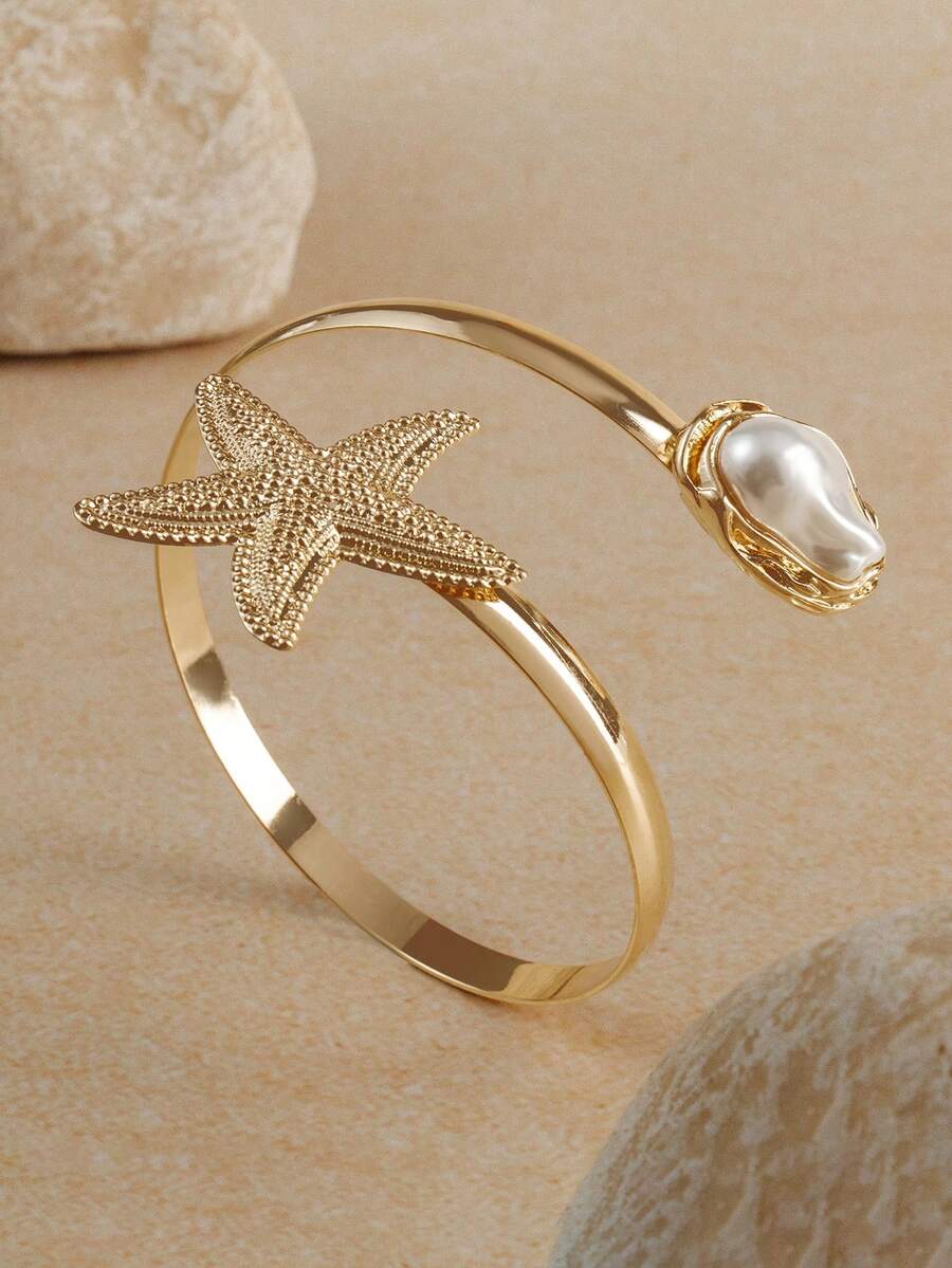 Opalesca 1pc Fashionable Asymmetric Pearl & Starfish Openwork Bracelet, Beach & Resort Style - Yellow Gold - View 1