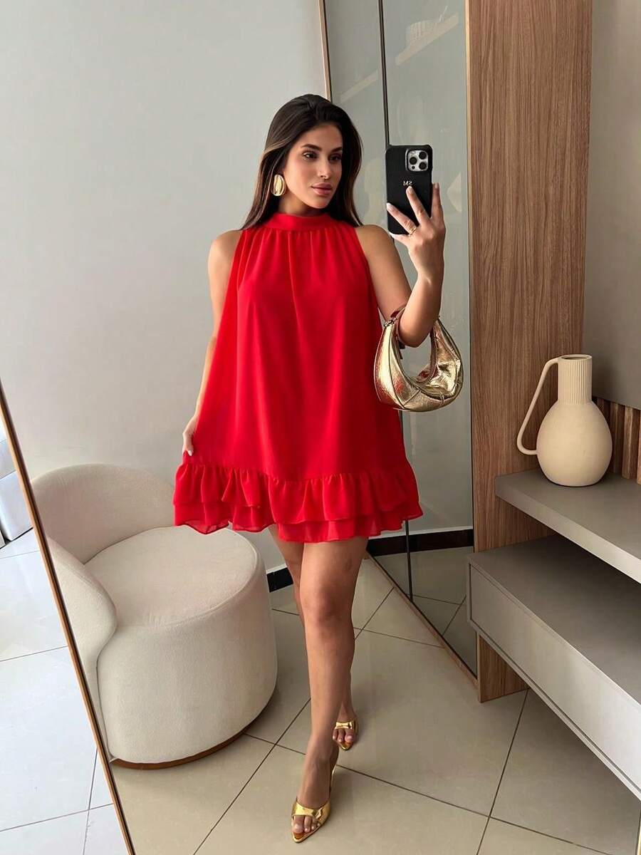 Sleeveless Short Chiffon Dress With High Neck, Ruffled Hem, And Lining - Elegant, Luxurious Party Dress - Red - View 1