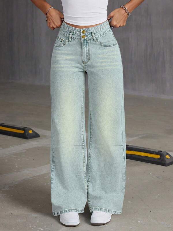 Breasted Design Boyfriend Style Light Blue Retro Denim Straight Pants Women's Casual Wide Leg Jeans Winter Christmas New Year Thanksgiving