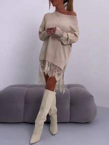 Women's Beige Lace-Edged V-Neck Pullover - Loose Fit Pullover With Layered Lace Edges, Suitable For All Seasons As A Casual Sweater, Transitions From Dresses To Pants, Machine Washable, Ideal For Christmas And Halloween Gifts - 杏色 - 查看 1