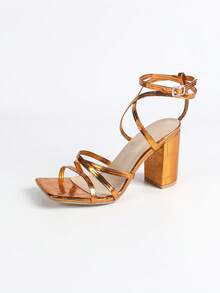 Women's Orange Square Toe Chunky Heel Party Fashion Minimalist Casual Comfortable Versatile High Heel Sandals - Orange - View 8