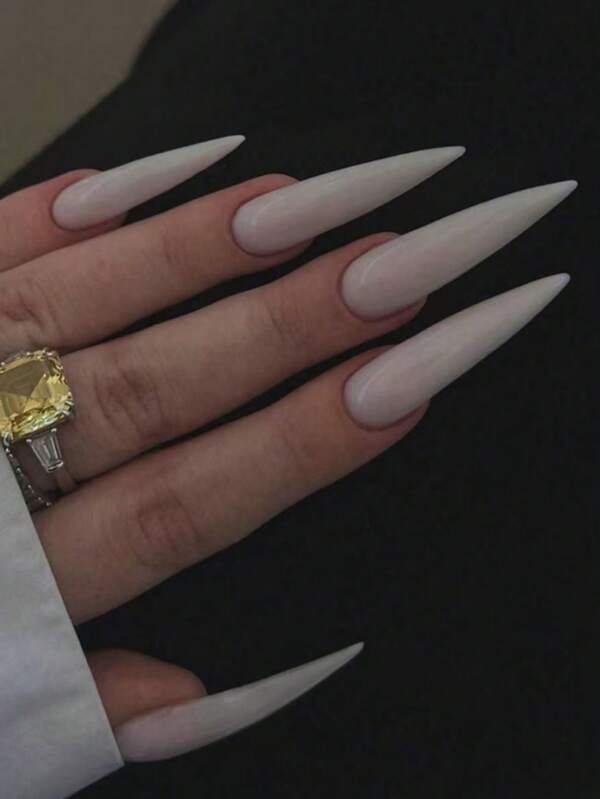 Unhas postiças brancas longas e pontiagudas, unhas artificiais de cor sólida, pontas de unhas brilhantes cor vinho com cobertura total e adesivo, adequadas para mulheres e meninas, 24 peças.