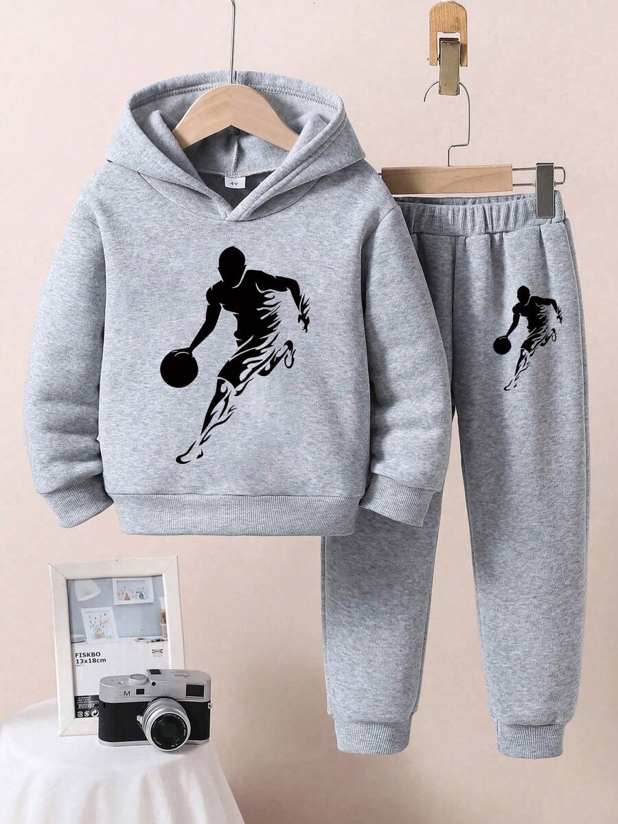 Youth Boy Cartoon Print Warm Hoodie And Sweatpants Set - Grey - View 1