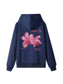 女士印花长袖抽绳连帽卫衣，带口袋，休闲宽松套头衫，时尚冬季服装，适合日常穿着 - 藏藍 - 查看 4