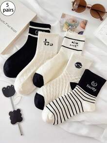 5 Pairs Of Striped Mid Tube Socks With Cute And Funny Cartoon Patterns, Breathable, Moisture Wicking, Unisex, Suitable For All Seasons, Sports, Daily Use - Multicolor - View 1
