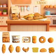 这款逼真的食物玩具套装包含11/12/13件逼真的面包和糕点玩具，是一款蒙特梭利厨房玩具套装，适合早期学习和培养烹饪想象力。套装包含一套3D立体烘焙食品模型、收纳盒和纸质展示袋，经久耐用且富有教育意义，适合家庭或课堂游戏，是理想的生日礼物，也适合万圣节派对、圣诞节和新年家庭聚会。