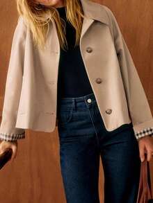 Womens Cropped Trench Coat Classic Collar Single Breasted Long Sleeve Oversized Casual Jackets With Checkered Lining Fashion Outerwear - Màu Khaki - Xem 4
