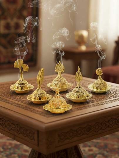 1pc/Set Vintage Arabic Style Metal Incense Burner, Backflow Incense Holder, Ash Catcher, Tabletop Decor, Home Decoration, Housewarming Gift, Creative Aromatherapy