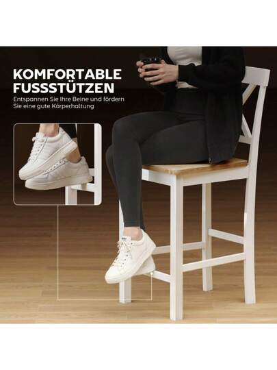 HOMCOM Set Of Bar Stools Backrest Footrest, Rubberwood, Kitchen, Dining Room, Bar, Oak+White view 2