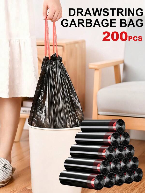 200 Unidades, Sacos de Lixo Pretos com Cordão Reforçados e Duráveis, Sacos de Limpeza com Vedação Forte, À Prova de Vazamentos, Armazenamento de Resíduos e Limpeza Multiuso, Adequados para Banheiros, Cozinhas, Ambientes Externos, Restaurantes, Empresas, Hotéis e Outros Cenários.