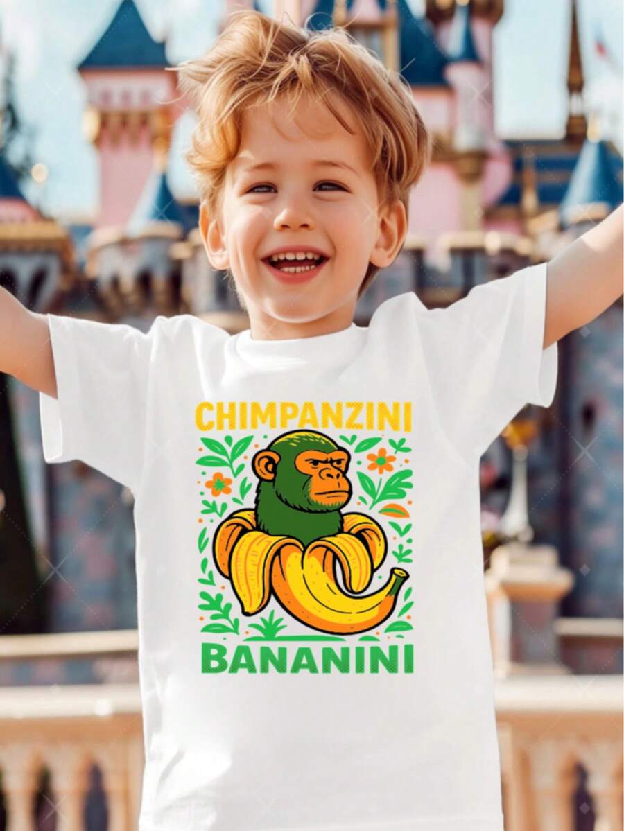 Camiseta infantil para niño, estilo casual de verano, cuello redondo, manga corta, estampado de Brainrot CHIMPANZINI BANANINI Divertido, para uso diario - Blanco - Ver 1