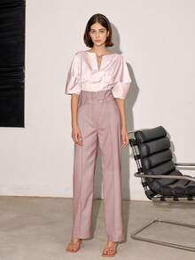 Pantaloni de damă cu talie înaltă, culoare solidă, stil casual/business, primăvară și vară - Roz - Vizualizare 3