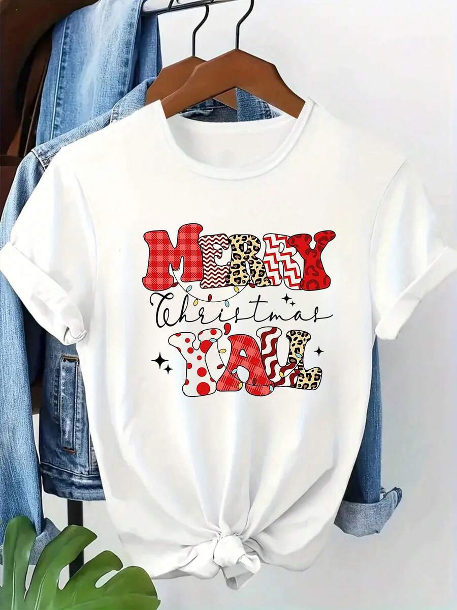 Camiseta gráfica navideña informal para mujer, cuello redondo, manga corta con hombros caídos, largo regular, de punto. - Blanco - Ver 1