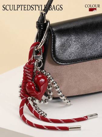 1pc Burgundy Heart Braided Rope, Silver Beaded Bow Bag Charm, Unique Design Keychain, Sweet & Cute Style, Korean Fashion Bag Accessory