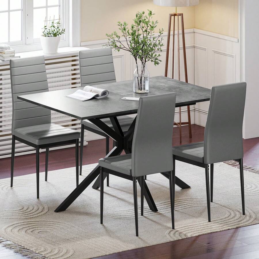 Dining Table And Chairs Set Of 2/4, Folding Round Dining Table With 2 PU Leather Chairs For Dining Room,Kitchen,Living Room - 灰色方桌+4灰色橫線椅 - 查看 1