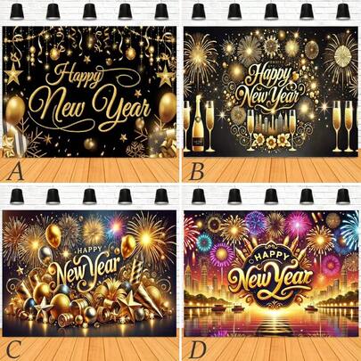 Happy New Year Banner Backdrop Sparkling Fireworks Golden Balloons, Champagne Gift Boxes, Ribbons & Floral Patterns Perfect For Holiday Celebrations Family Gatherings & Parties Backdrop Decor & Photography Props Vinyl Material