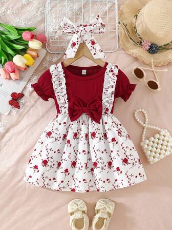 Baby Girls' Cute Butterfly Print Short Sleeve Dress, Summer