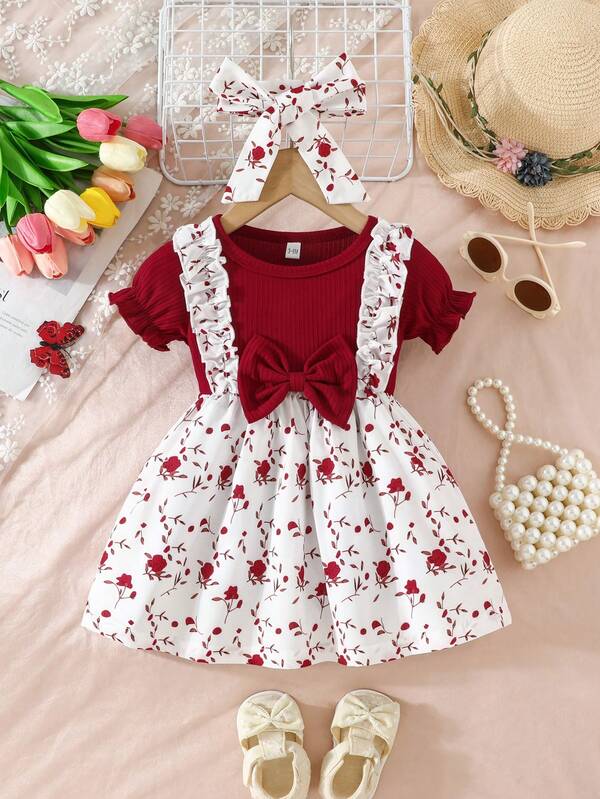 女婴可爱蝴蝶印花短袖连衣裙，夏季