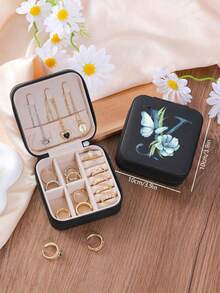 1 Peça Caixa de Joias Minimalista com Floral e Letra, Caixa de Joias Portátil de PU para Viagens de Verão, Mini Organizador de Joias para Brincos, Colares, Anéis, Exibição e Armazenamento de Joias, Caixa de Joias de Grande Capacidade, Adequada para Presentes do Dia das Mães, Natal, Halloween, Organizador de Joias Feminino, Essencial de Viagem, Armazenamento de Dormitório de Volta às Aulas - Preto - Visão 14