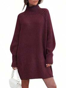 2026 Women's Casual Knit Dress Sweater Dresses For Women  Fall Fashion Mock Neck Long Lantern Sleeve Oversized Outfits Knit Tops Clothes ​ , Bodycon Long Sleeve ​ For Sports Outdoor Wear, Loose Fit Long Sleeve Comfy Daily Outfits For Women - 酒紅色 - 查看 1