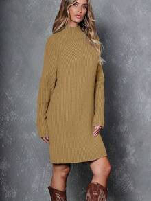 2026 Women's Casual Knit Dress Sweater Dresses For Women  Fall Fashion Mock Neck Long Lantern Sleeve Oversized Outfits Knit Tops Clothes ​ , Bodycon Long Sleeve ​ For Sports Outdoor Wear, Loose Fit Long Sleeve Comfy Daily Outfits For Women - 深杏色 - 查看 4