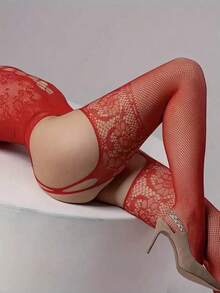1pc Women's Sexy Jumpsuit, Popular European And American Suspender, Hollowed Out Sexy Lingerie, Open Crotch, No Need To Take Off Net Clothes, Dating Battle Robe - 紅色 - 查看 2