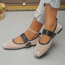 Women's Fashion Square Toe Flat Shoes, Slip-On Glitter Buckle Casual Loafers, Suitable For Dresses, Sizes 35-43, Spring/Autumn, Ballet Flats