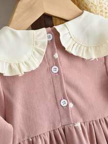 女婴秋季花朵刺绣长袖连衣裙时尚翻领幼儿服装（6个月至3岁） - 粉色 - 查看 4