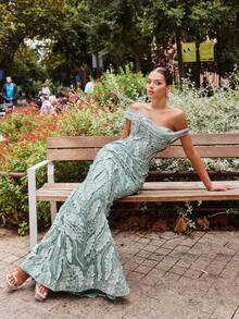 Faeriesty Vestido de noche de lujo con cuentas y lentejuelas, escote hombros descubiertos con broche de cristal en forma de estrella, bordado floral, adecuado para banquetes y celebraciones - Verde - Ver 7