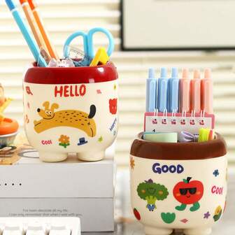 1个卡通设计大容量塑料笔筒，可爱分隔式桌面收纳笔筒，适合女生和学生