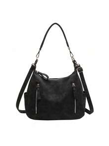 时尚新款大容量女包，百搭复古斜挎包，质感单肩通勤托特包，简约磨砂腋下包，小众大学生单肩包，时尚个性，漂亮单肩包 - 黑色 - 查看 7