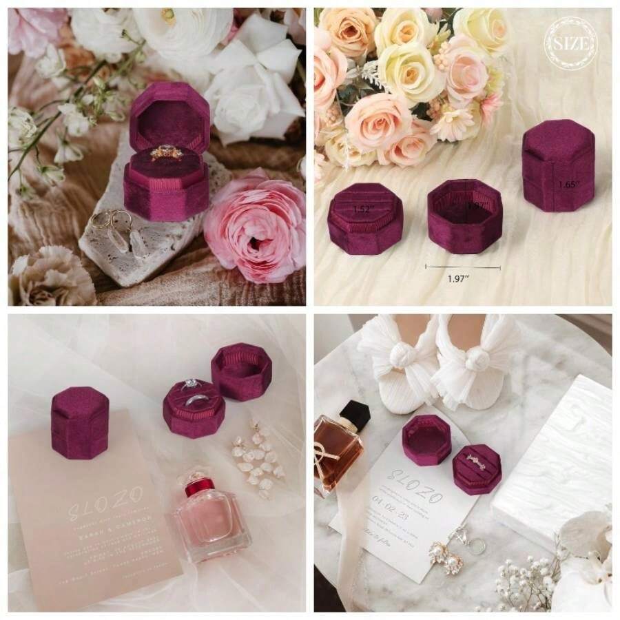 Velvet Ring Box, 3 Slots Octagon Jewelry Ring Box Vintage Ring Display Holder Case Wedding Ceremony Proposal Engagement Pearly White - 玫瑰紅色 - 查看 1
