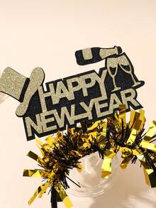 1pc Happy New Year Headband For Girls Sparkling Glitter New Year Hairband Bling Bling Balloon Fireworks Black Gold Foil New Year Headpiece New Year Party And Christmas Celebration Hair Hoop Elegant Unique Headwear For Christmas New Year Gifts Teens Hair Accessories