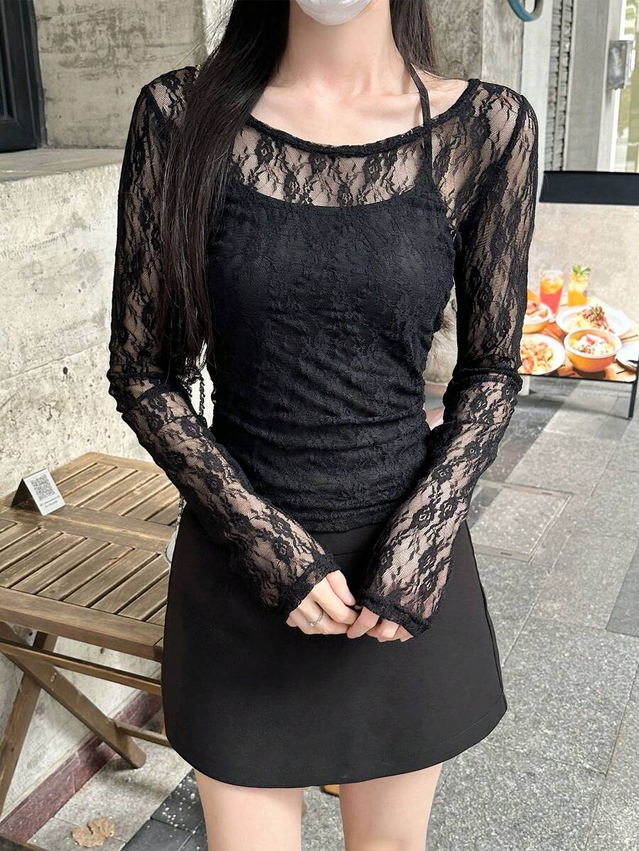 2pcs/Set Lace Trim Halter Tie Back Camisole T-Shirt, Sweet & Spicy Sheer Lightweight Summer New Arrival, Random Fabric - Black - View 1