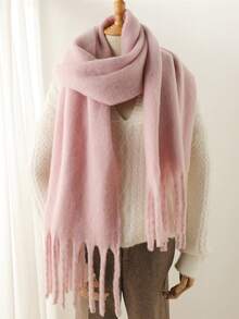Solid Color Scarf, Versatile Winter Warm Long Tassel Neck Scarf - Multicolor - View 7