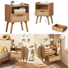 Lerliuo Rattan Nightstand, Boho Side Table With Drawer Open Shelf, Cane Accent Bedside End Table With Solid Wood Legs For Bedroom, Dorm And Small Spaces ()(Tea Brown 1 Pack) - Loại 1 - Xem 1