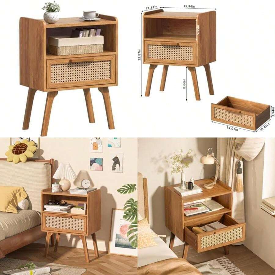 Lerliuo Rattan Nightstand, Boho Side Table With Drawer Open Shelf, Cane Accent Bedside End Table With Solid Wood Legs For Bedroom, Dorm And Small Spaces ()(Tea Brown 1 Pack) - Loại 1 - Xem 1