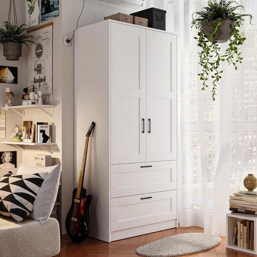 Wood White Wardrobe Closet With 2 Doors And 2 Drawers,Bedroom Freestanding Armoire Storage Cabinet With Shelves,Wooden Wardrobe Combination For Hanging Clothes (White 2 Drawers) - Trắng 2 ngăn kéo - Xem 1