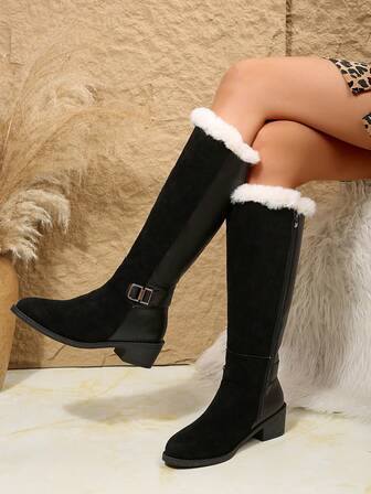 Women's Knee-High Boots, New Winter Soft Sole Anti-Slip Solid Color Side Zipper Metal Buckle Decor Comfortable Outdoor Casual Thermal Lined Thick Boots