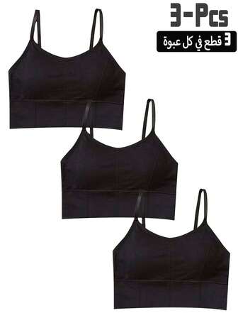 3pcs Girl's Solid Color Elastic Sports Bra Camisole, Breathable Quick-Dry Material, Long Length Underwear