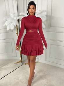 AIJ Amarilo Limited Edition Red Dress | High Neck Long Sleeve Cutout Ruffle Dress | Unique Double Ruffle Hem Cute Sexy Y2K E-Girl Mini Dress | Fitted Flattering Holiday Party Date Outfit - Dark Red - View 7